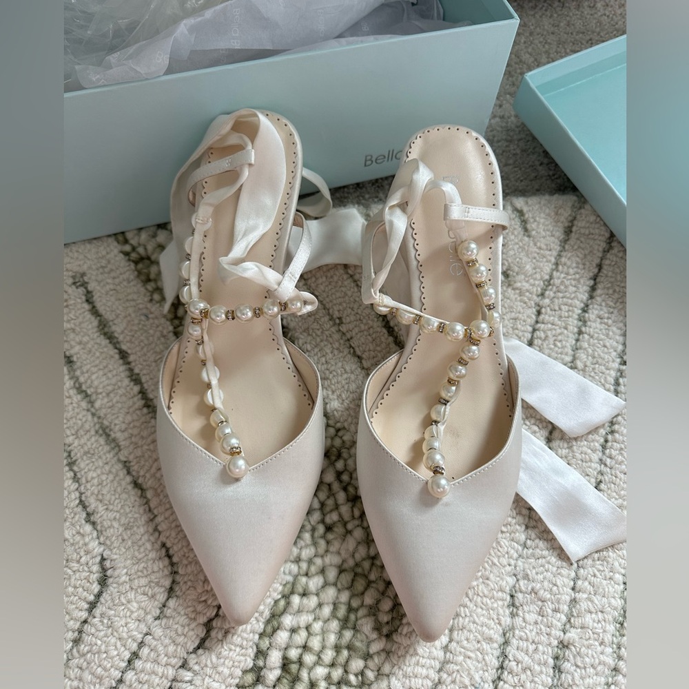 T-Strap Pearl Kitten heels with silk ankle bow Bella Belle LUCIA Wedding Shoes